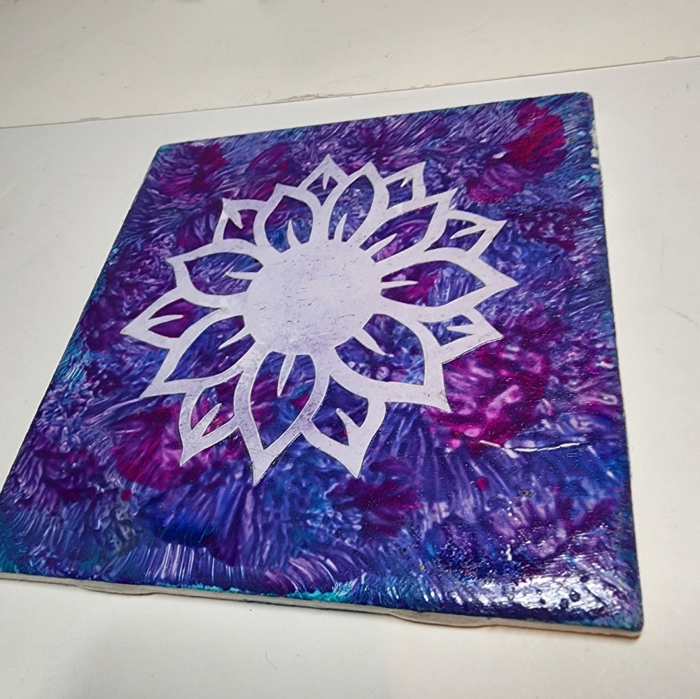 Handcrafted Purple and Blue Abstract Art On Ceramic Tile - Picture 3 of 4